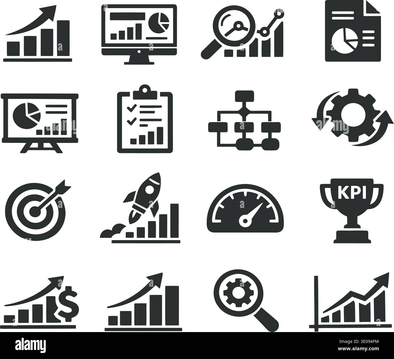 Data analytics outline icons with charts, dashboards, search, reports ...