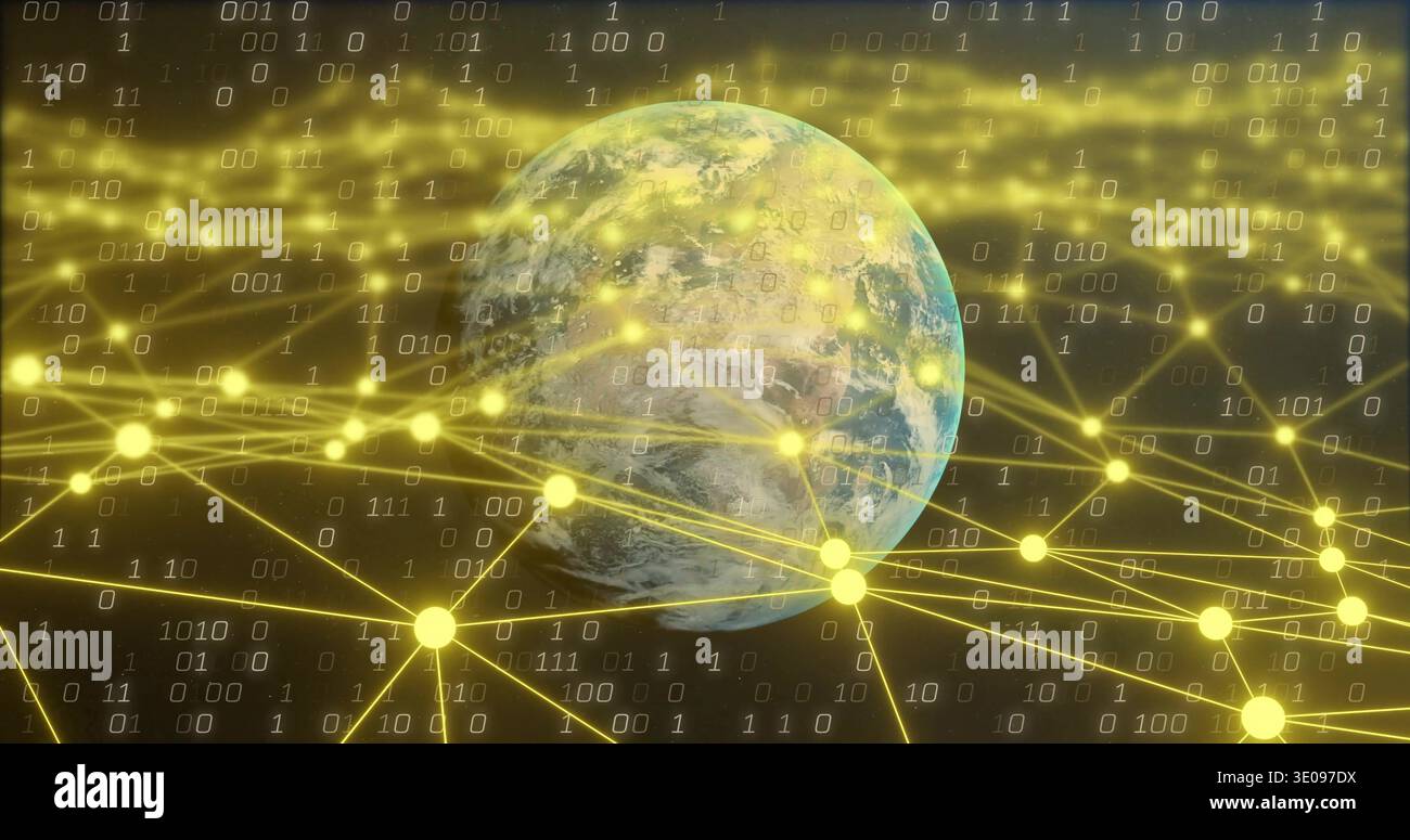 Featuring Earth globe showing land and clouds in orbit, with golden nodes and binary digits Stock Photo