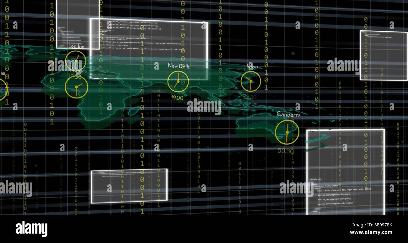 Displaying green map over Eurasia on dashboard, showing binary columns, clock icons, code panels Stock Photo