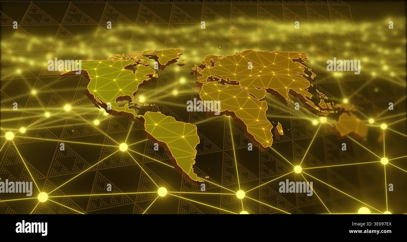 Displaying golden world map showing triangular mesh and glowing nodes with links on dark grid Stock Photo