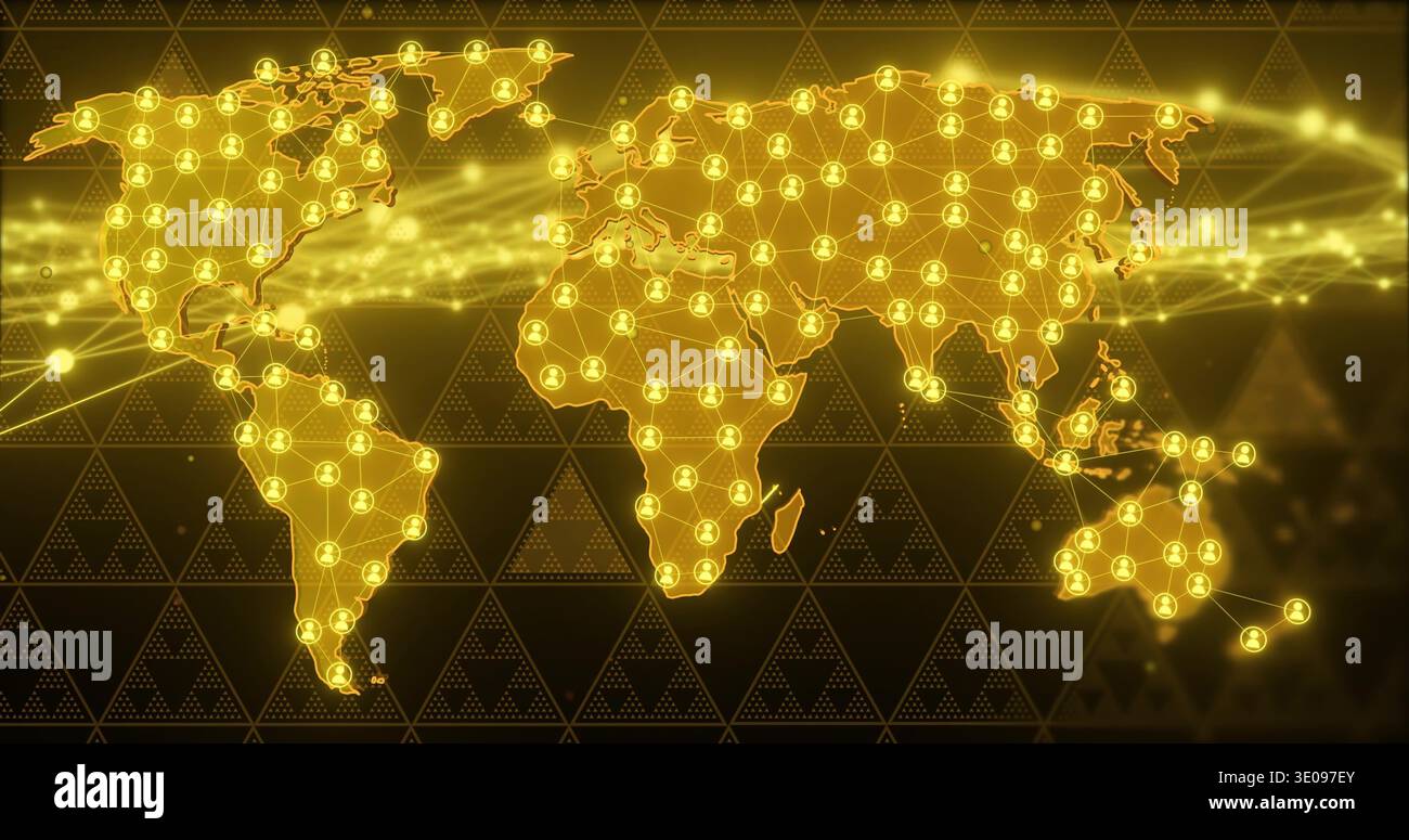 Displaying stylized world map on dark triangular pattern backdrop, glowing nodes and user icons Stock Photo