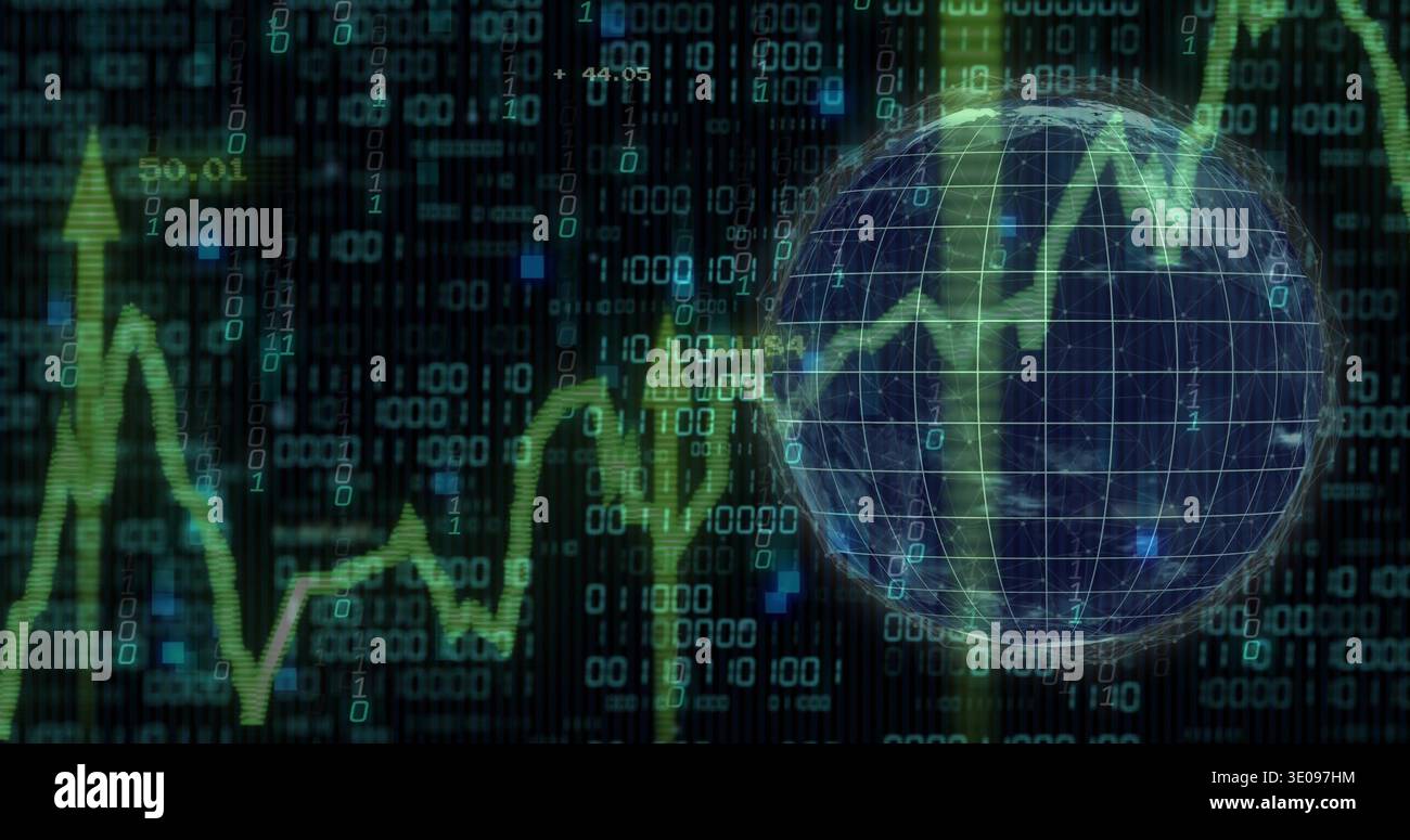 Displaying wireframe globe crossing green trend line in dark data view with binary code, copy space Stock Photo