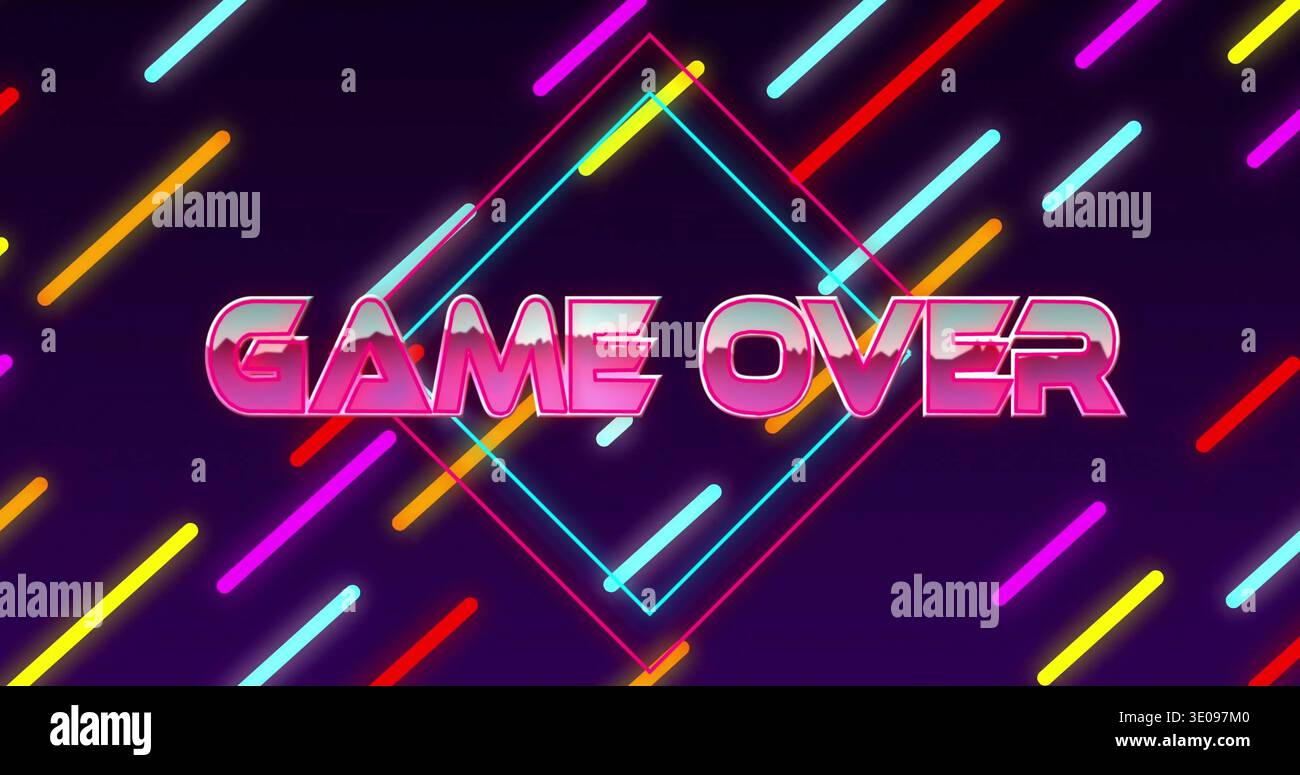 Displaying centered GAME OVER headline pulsing on purple gradient, neon diamond frame and streaks Stock Photo