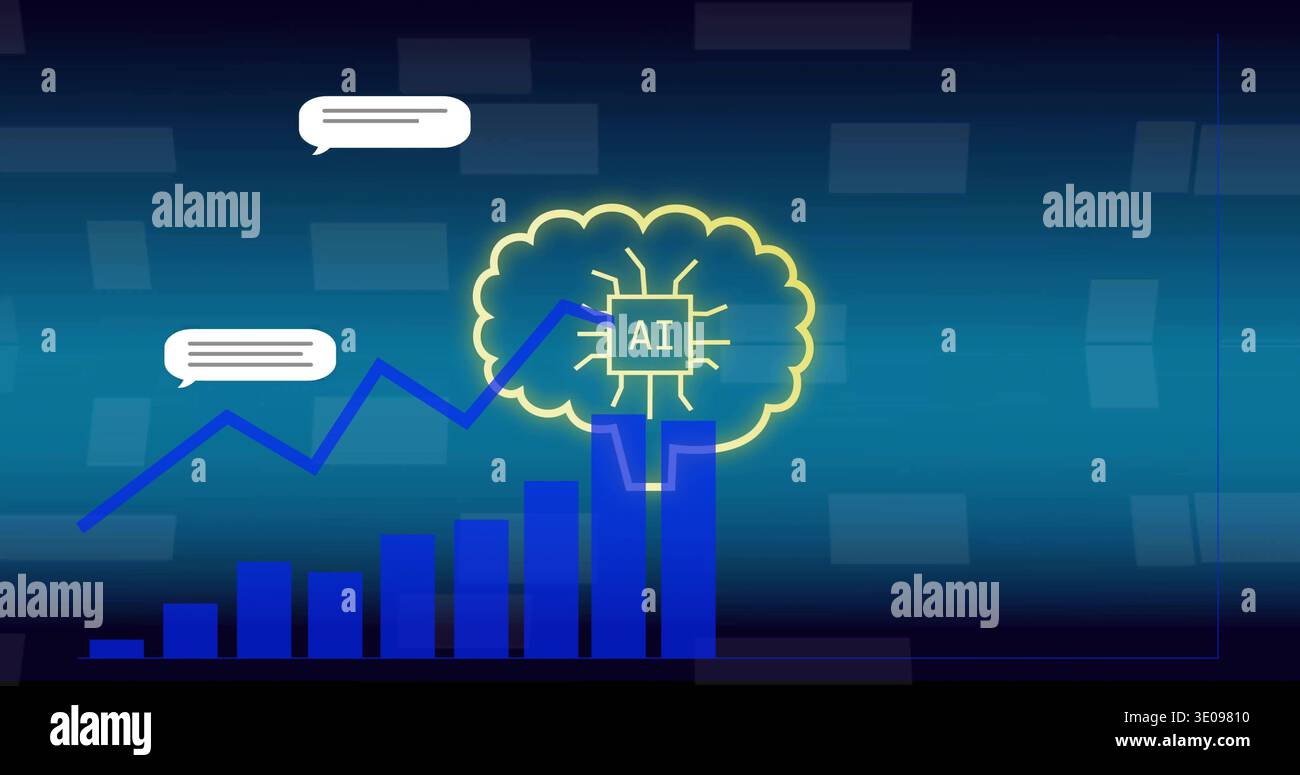 Showing neon brain with AI chip linking rising bars to jagged line in ...