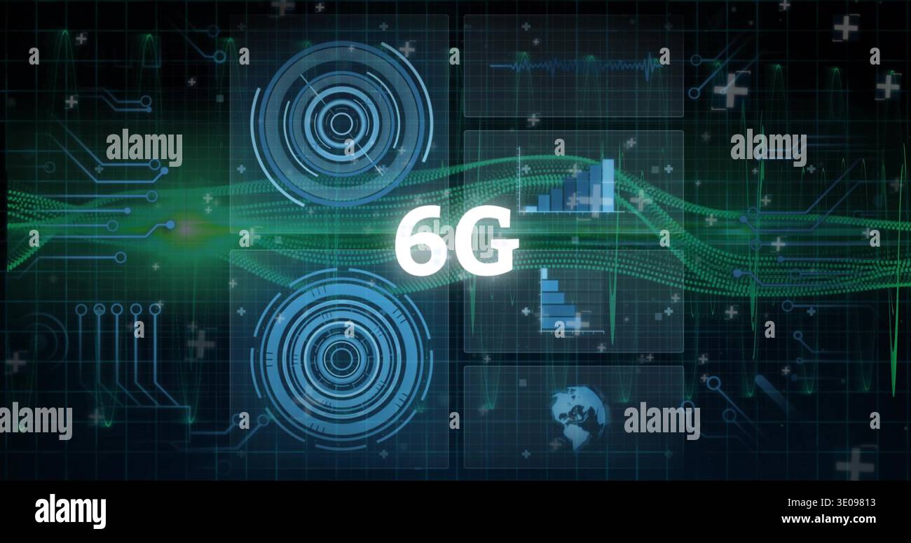 Displaying white 6G label floating over virtual interface, with green waveform and concentric radar Stock Photo