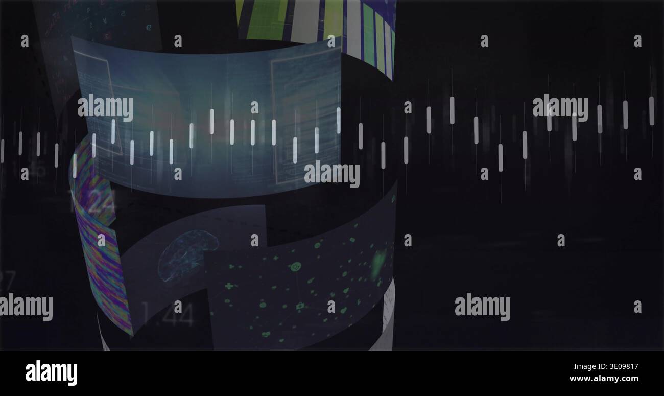 Rotating spiral column displaying translucent curved panels in virtual studio, with waveform bars Stock Photo
