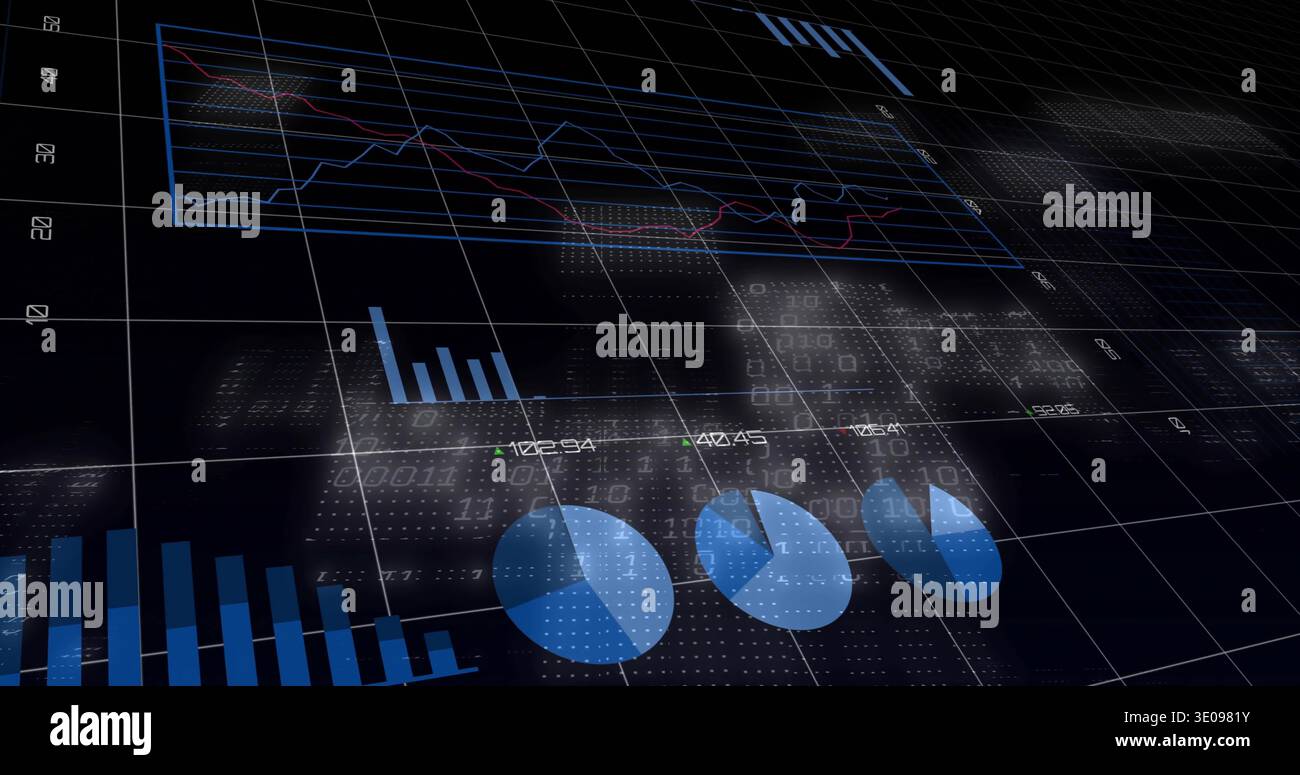 Displaying 3D data visuals across dark grid, showing line panel, pie charts, bars, labels Stock Photo