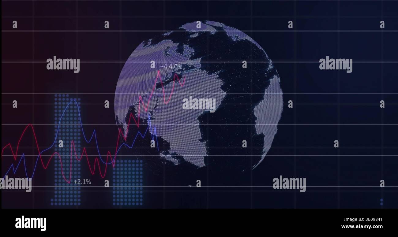 Displaying stylized globe intersecting red and blue line graphs on dashboard, showing +4 Stock Photo