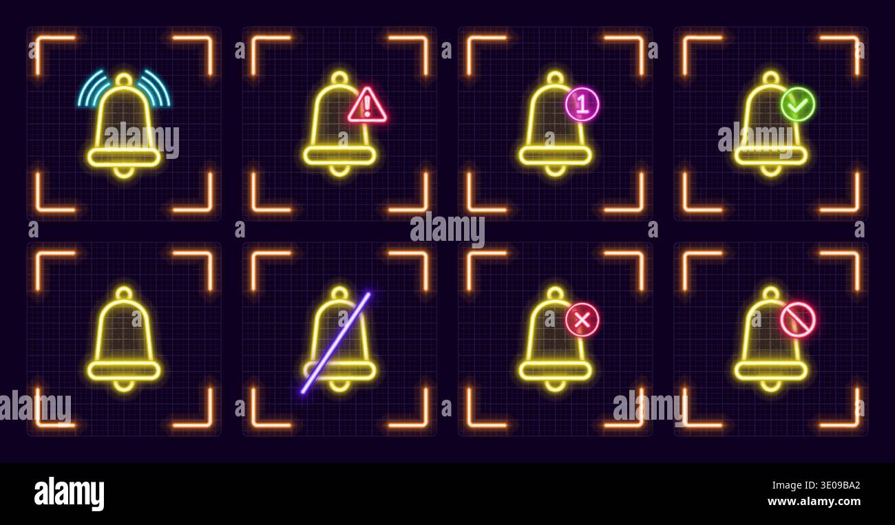 Bell alert symbol set, cyber neon visual, glowing border grid vector. Stock Vector