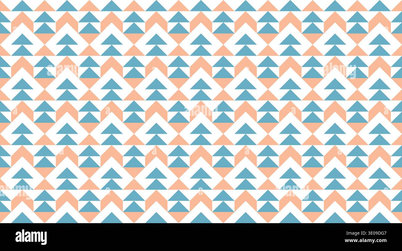 Seamless geometric pattern featuring blue and peach triangles in a modern, ethnic-inspired chevron arrangement. This tileable vector design is ideal f Stock Vector