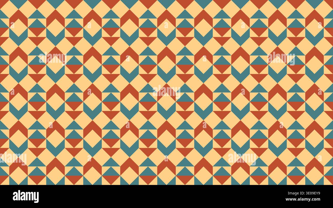 Seamless geometric pattern featuring a rhythmic grid of tribal triangles, arrows and diamonds in retro orange, teal, and mustard tones. This vintage Stock Vector