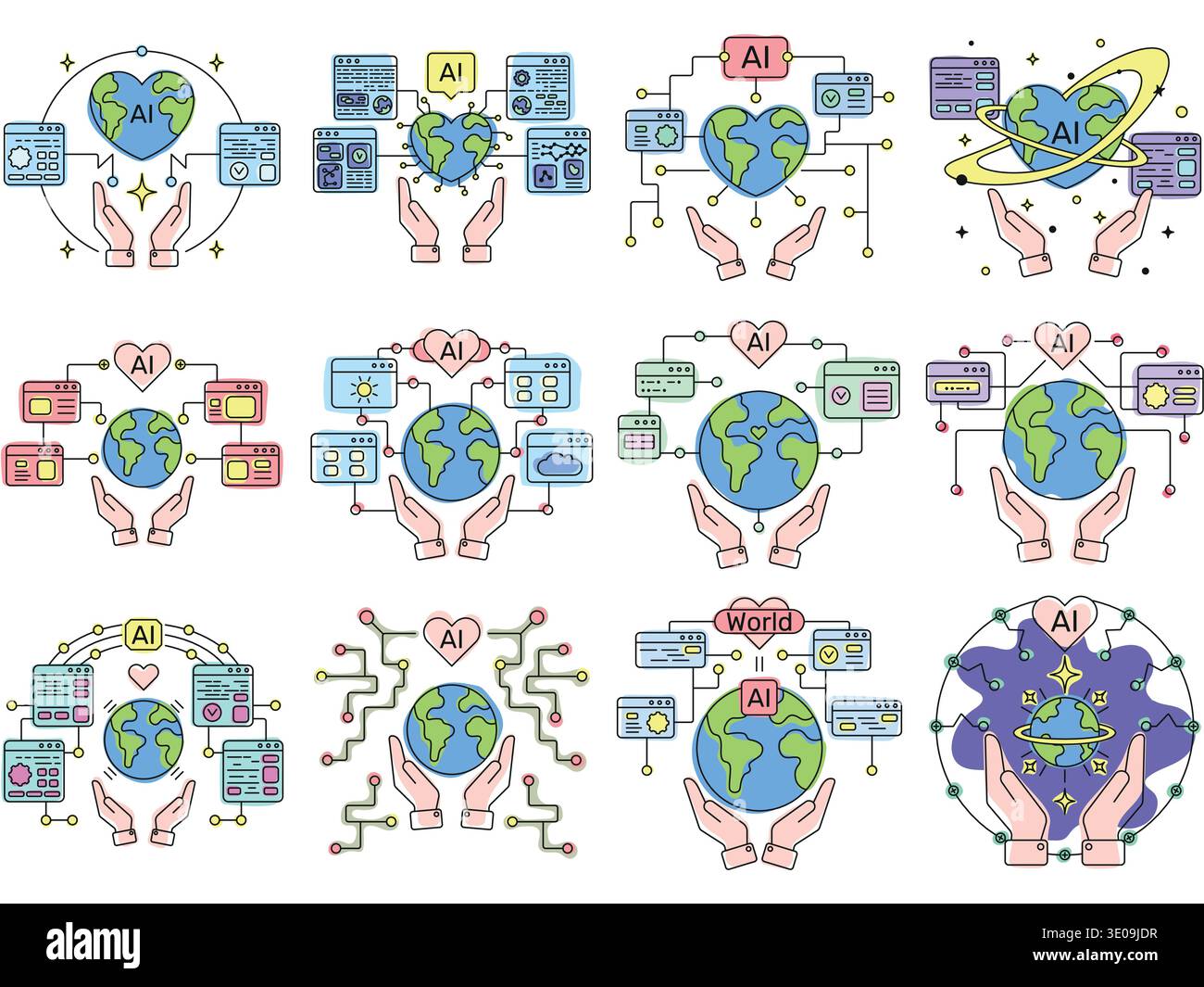 Set of AI-themed vector illustrations featuring hands holding Earth ...