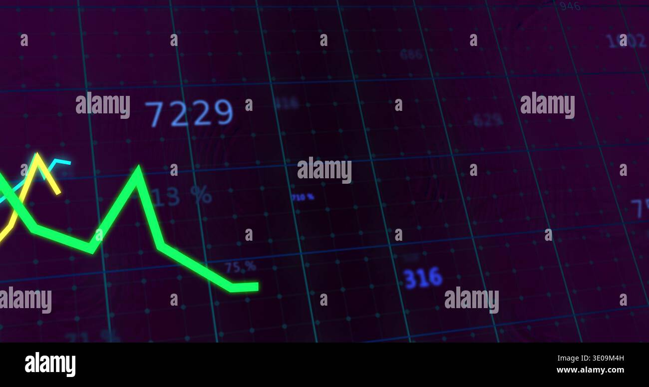 Displaying neon green line zigzagging on dashboard, with yellow teal line, turquoise grid, numbers Stock Photo