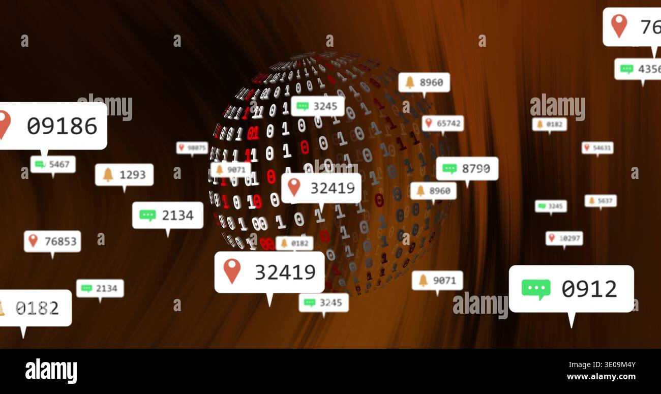 Rotating 3D binary sphere emitting floating notification tags in virtual UI, icons and numbers Stock Photo
