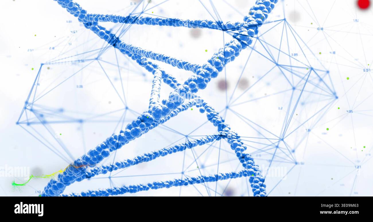 Twisting blue DNA helix with spherical beads in lab-style visualization, showing wireframe network Stock Photo