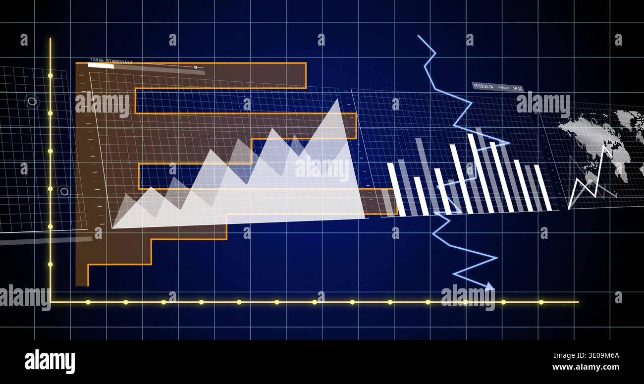Displaying composite data centering on digital dashboard, featuring yellow axis and charts Stock Photo