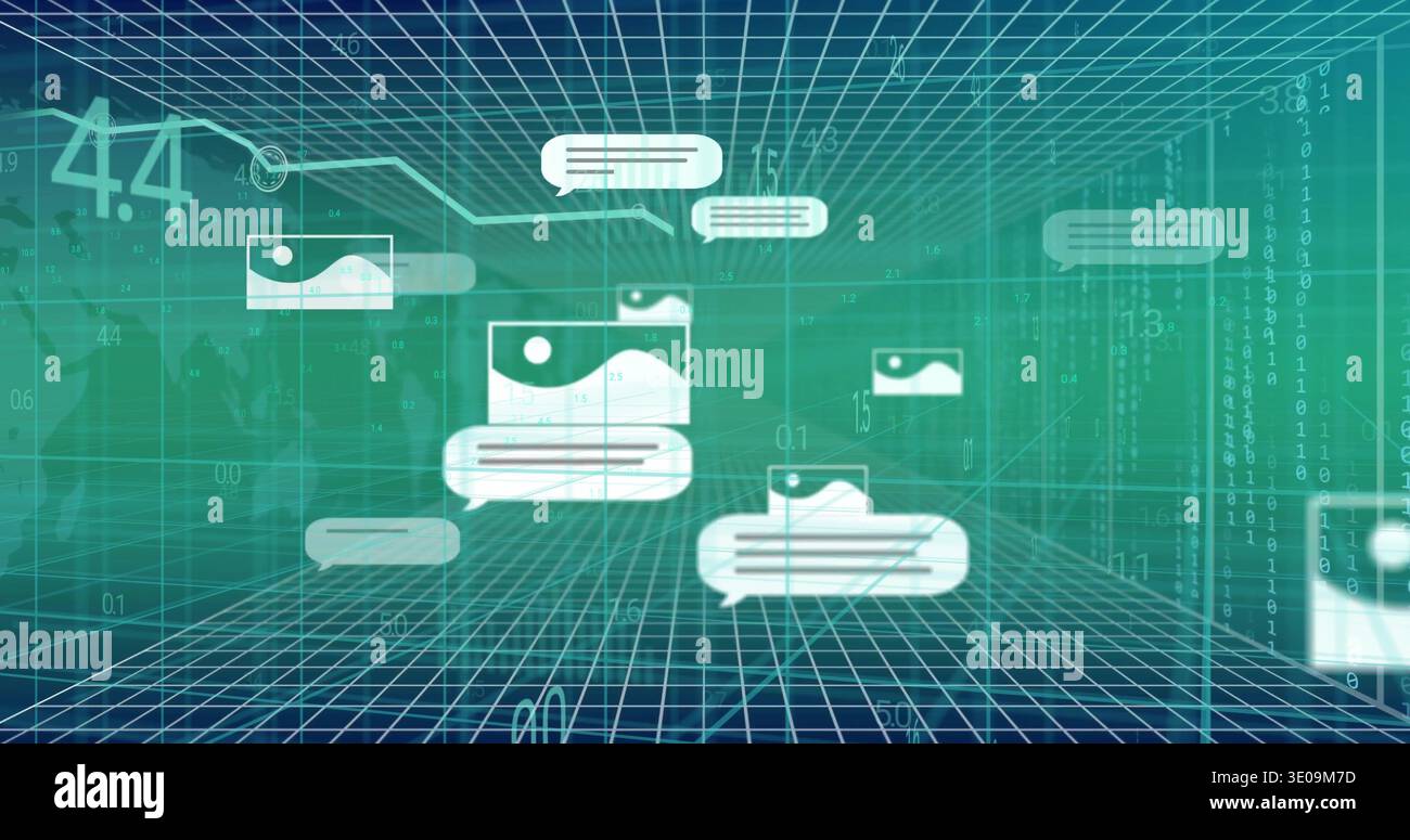 Floating white message icons glowing in virtual data space, showing thumbnails over wireframe grid Stock Photo