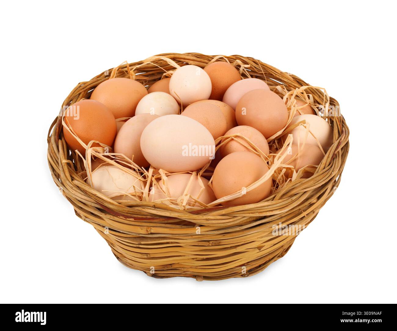Basket with eggs on white background Stock Photo
