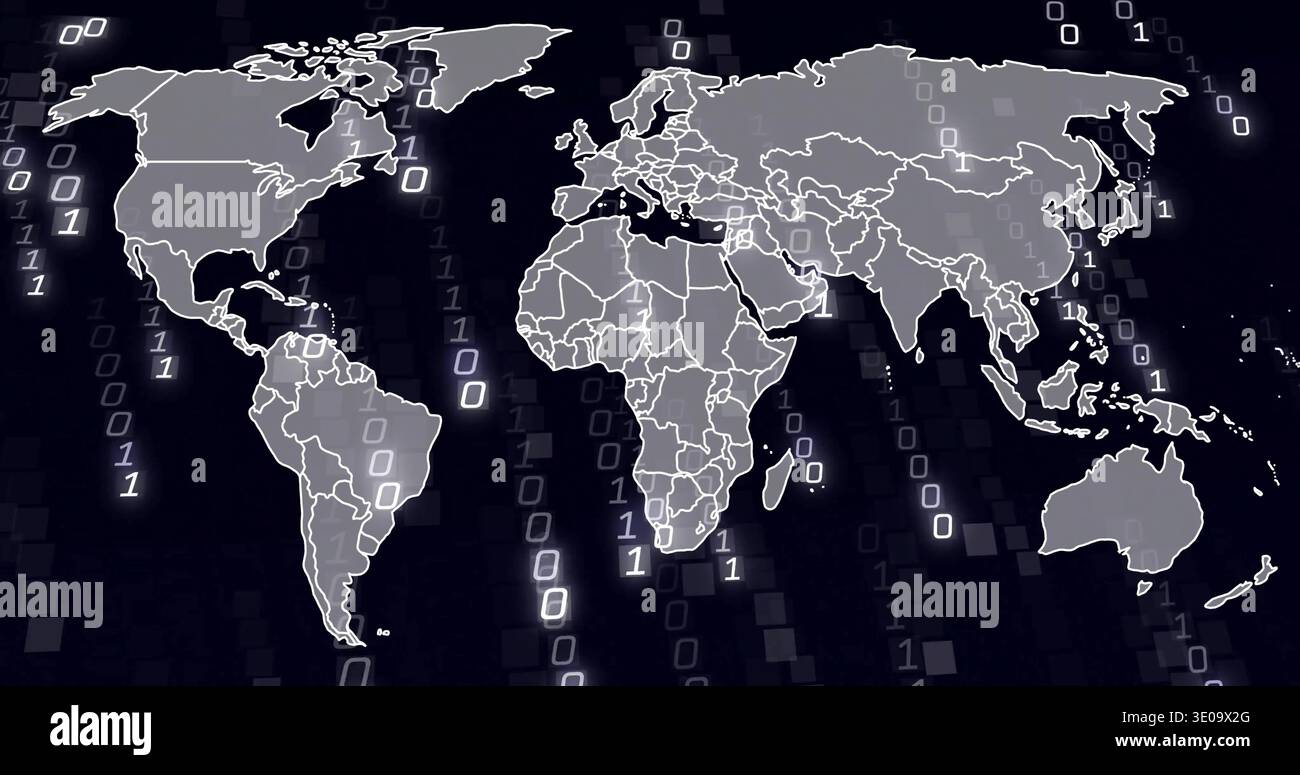 Floating gray world map with white borders over tiled grid, streaming binary digits and glow Stock Photo