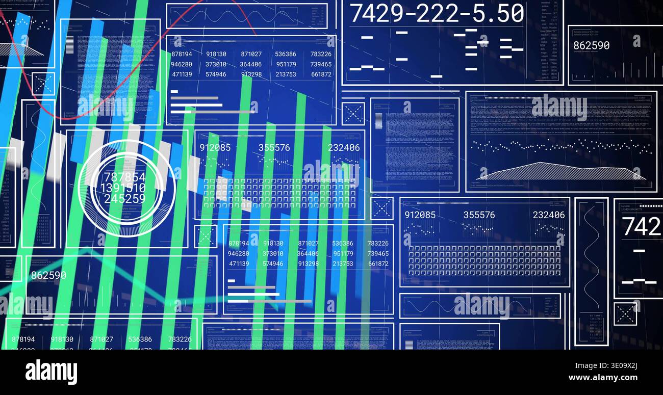 Showing data console with bar and line charts, green stripes, numeric ...