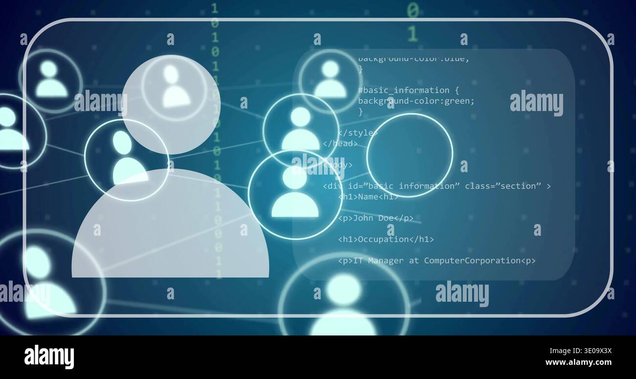 Displaying large glowing user avatar in network interface, with nodes, lines, code panel Stock Photo