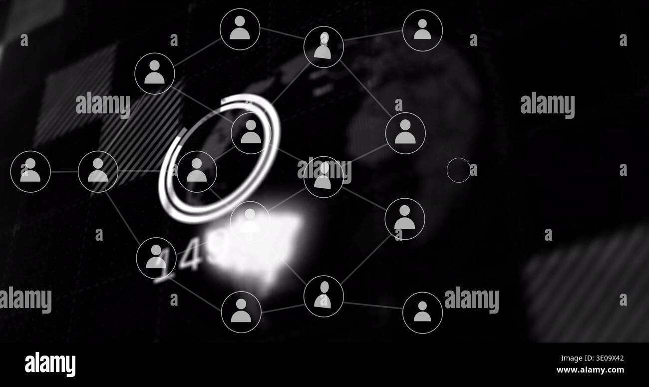 Displaying circular user icons linked by thin lines on dark device screen, showing ringed node 49 Stock Photo