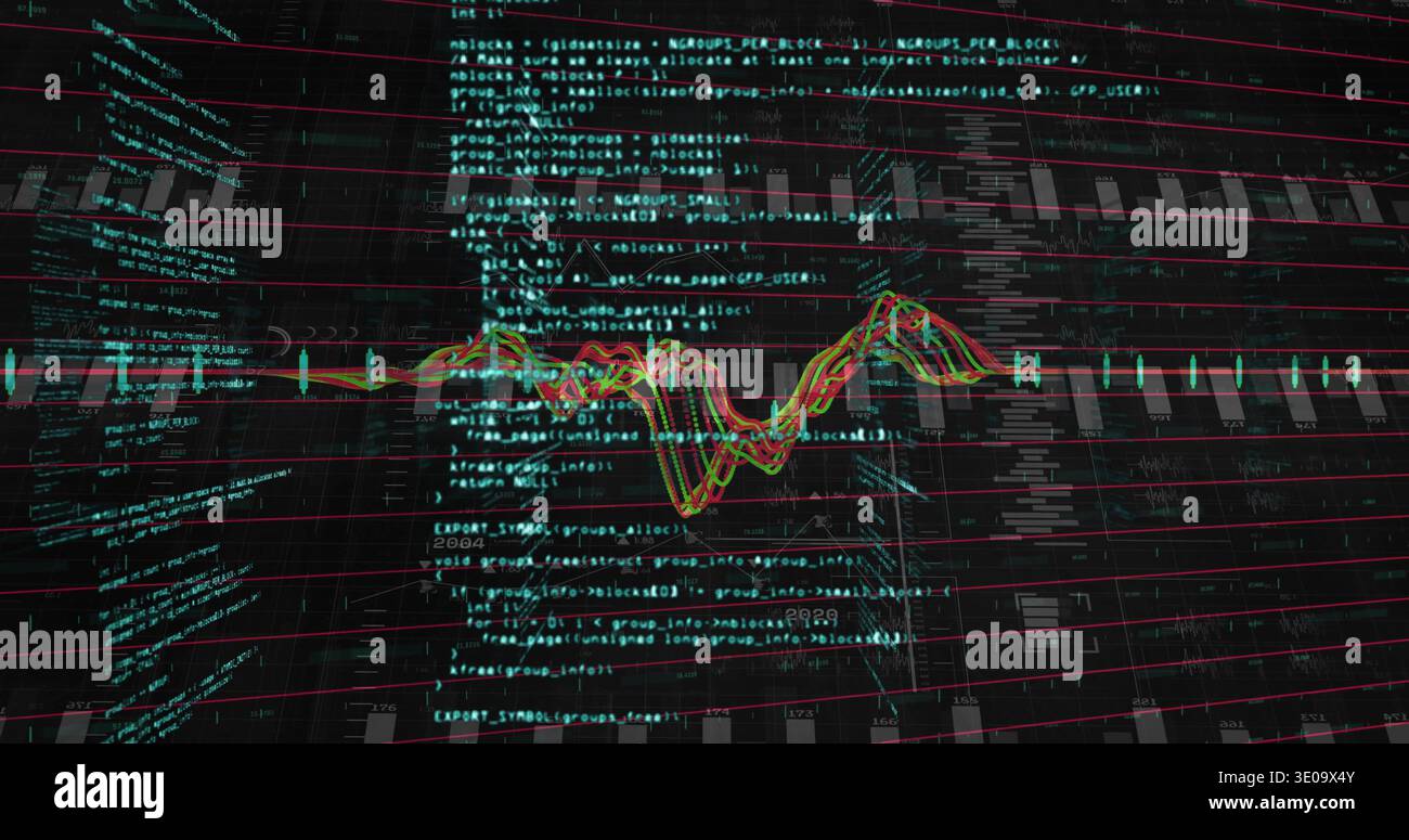 Floating waveform overlaying teal source-code text in dark 3D dashboard, showing red grid Stock Photo
