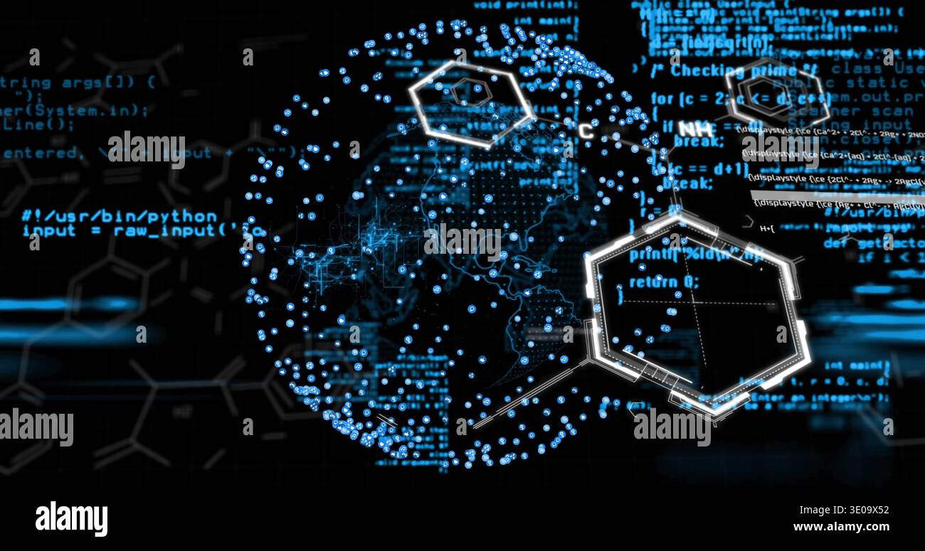 Displaying central data globe pulsing in virtual UI, with hex HUD, Python code, circuit traces Stock Photo