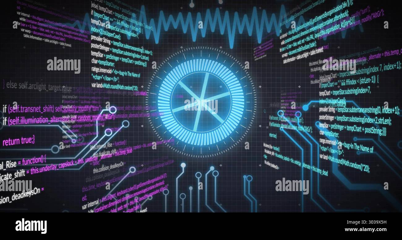 Pulsing central holographic HUD projecting waveform over virtual grid, showing flowing code columns Stock Photo