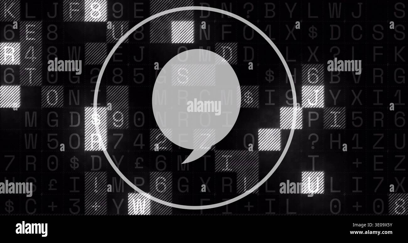 Displaying centered speech bubble with thin ring circling it on tiled grid, showing data symbols Stock Photo
