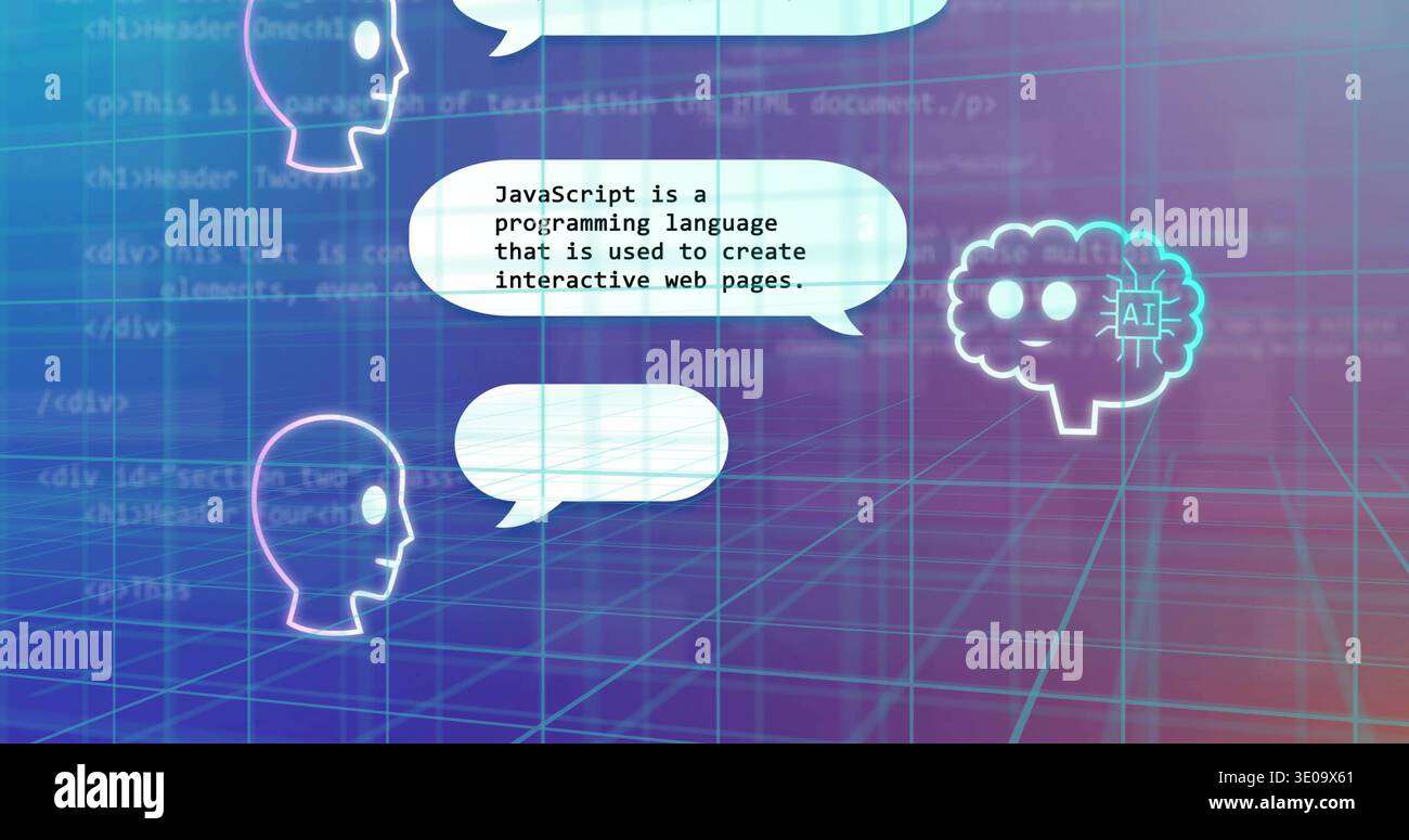 Displaying white speech bubble teaching JavaScript on neon grid with faint code, heads and AI brain Stock Photo
