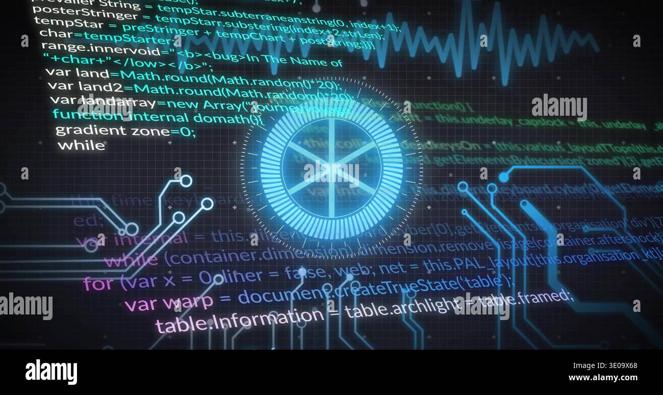 Showing central circular HUD rotating in system dashboard, showing ECG waveform, code, circuit grid Stock Photo