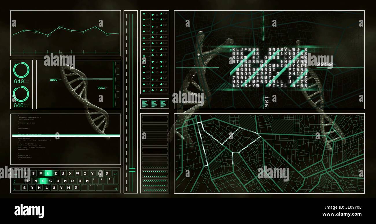 Rendering 3D DNA double helix rotating on-screen workstation HUD ...