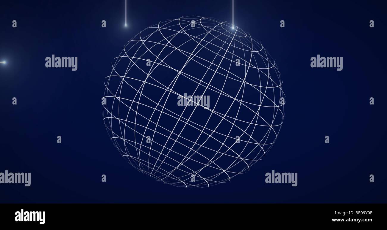 Floating large wireframe sphere hovering over deep navy-blue gradient, with vertical light streaks Stock Photo