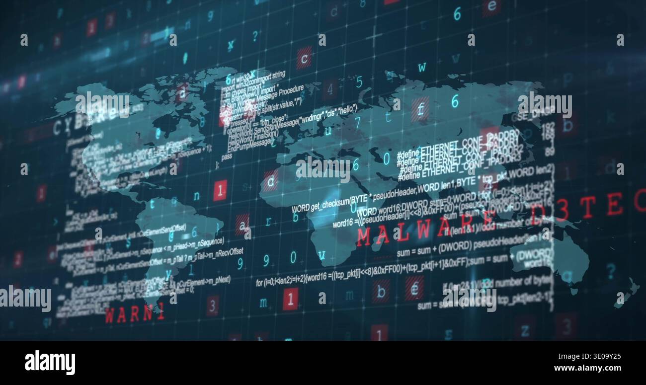Translucent map displaying code panels on malware alert, highlighting threat tiles across grid Stock Photo