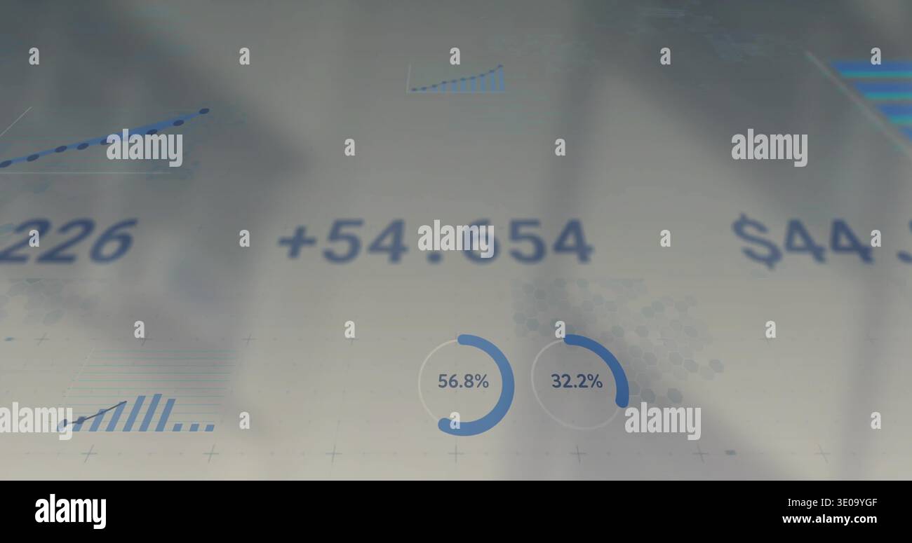 Displaying analytics dashboard on pale translucent surface showing +54 Stock Photo