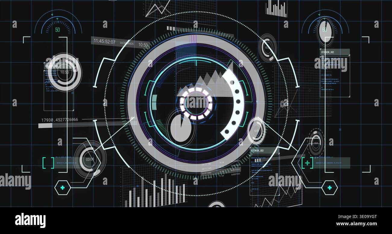 Displaying central concentric reticle with gear-like hub and segmented arcs on dark grid interface Stock Photo
