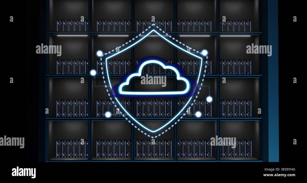 Displaying neon security shield hovering over servers in data center, cloud icon, LEDs, blue light Stock Photo