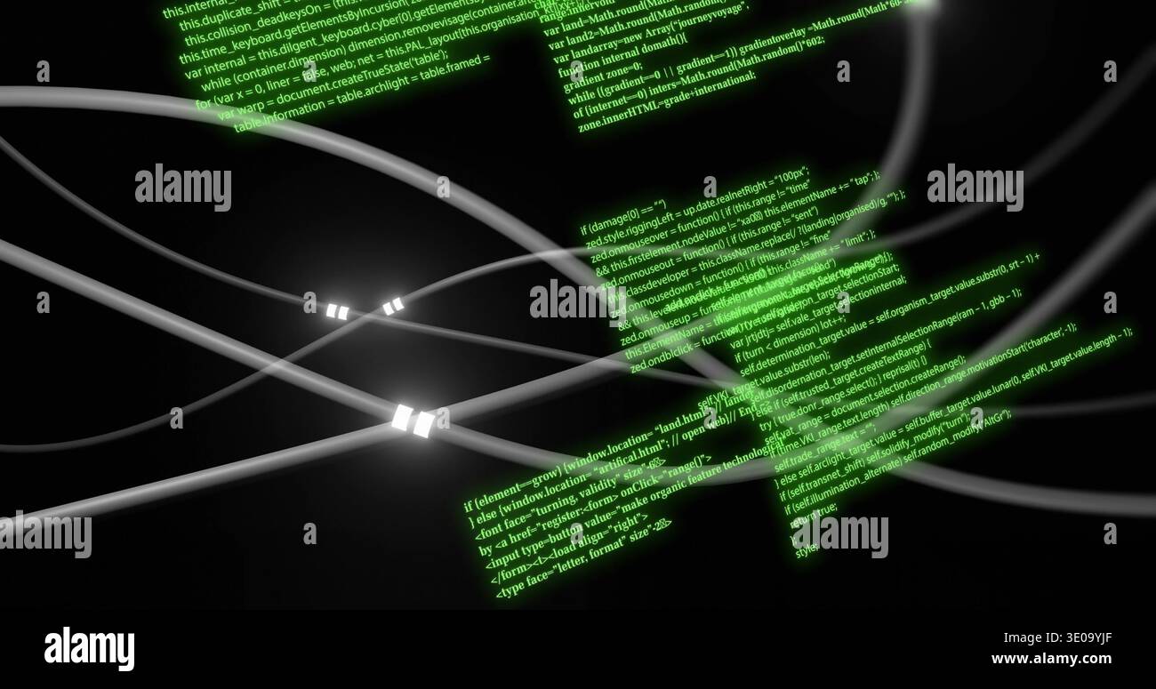 Curving metallic cables overlapping in dark void, emitting white connectors and floating green code Stock Photo