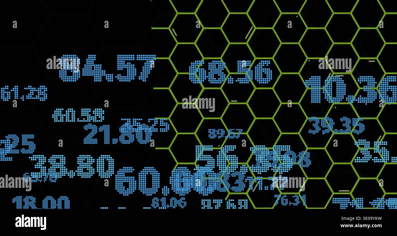 Displaying blue dot-matrix numeric clusters intersecting green ...
