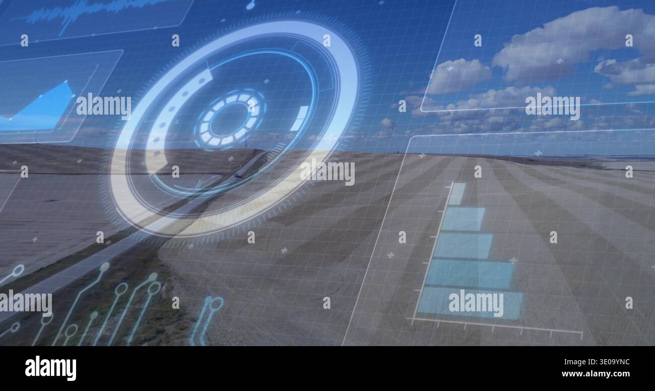 Displaying HUD overlay mapping plowed fields from above, showing concentric circle, grid, bar chart Stock Photo