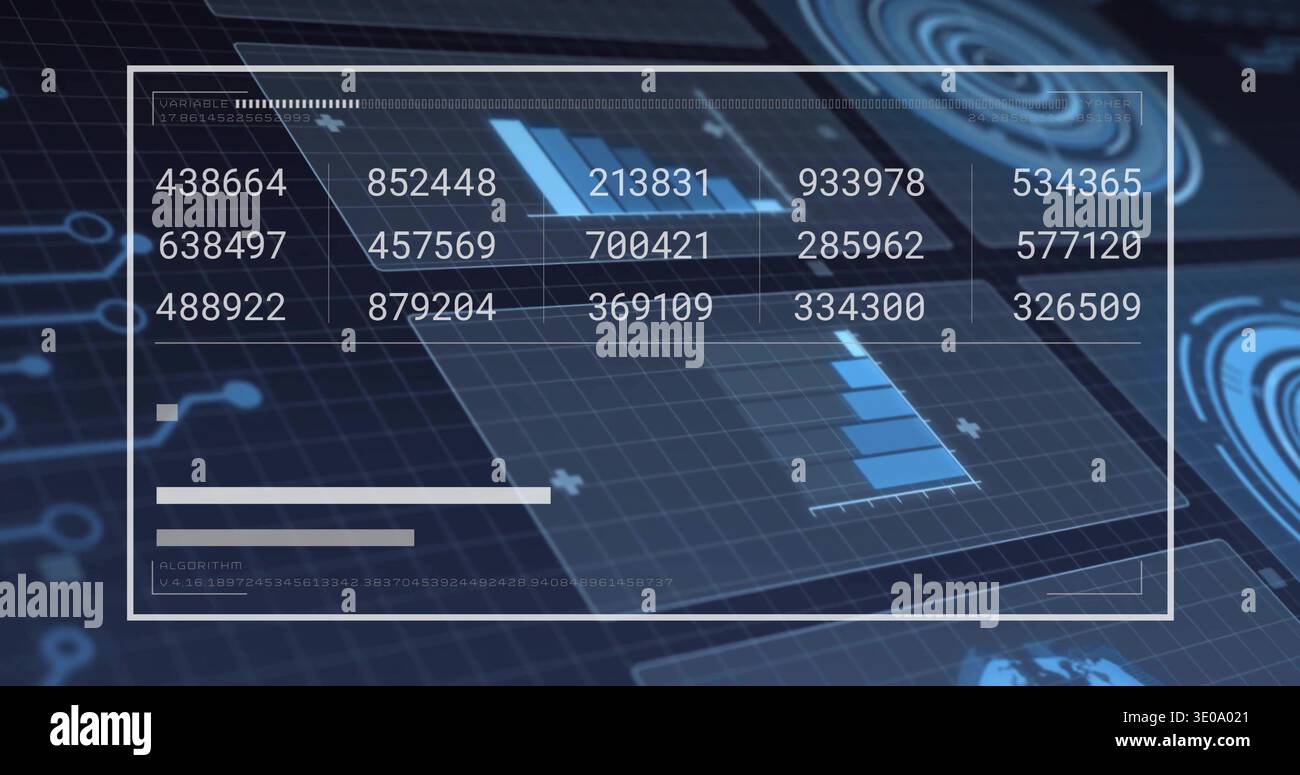 Displaying HUD panel showing six-digit values, bar charts and progress bars on command dashboard Stock Photo