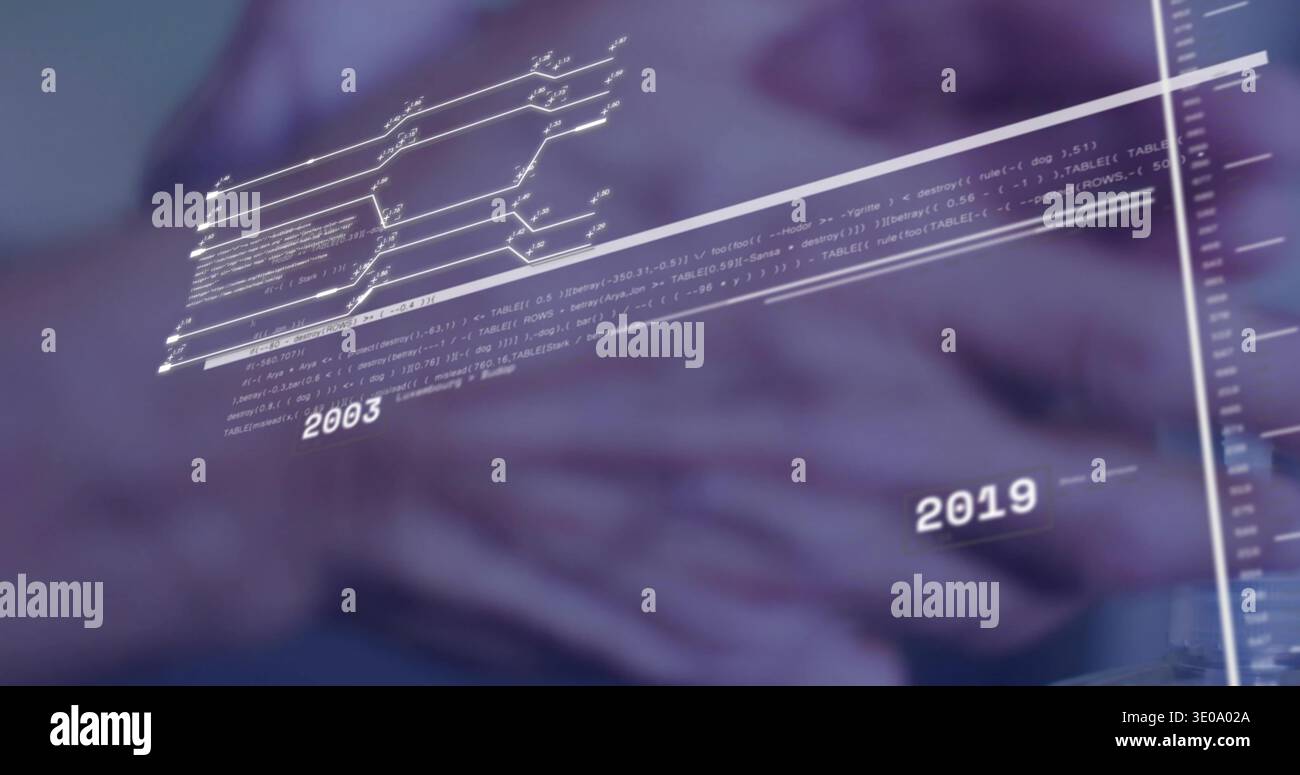 Tapping senior hands navigating holographic timeline 2003 to 2019 and code on office touch surface Stock Photo