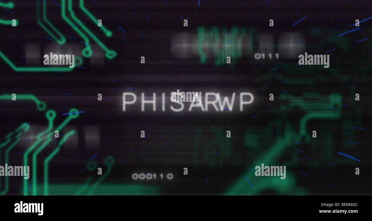 Displaying central text PHISARWP flickering over virtual HUD, showing neon traces, numeric strings Stock Photo