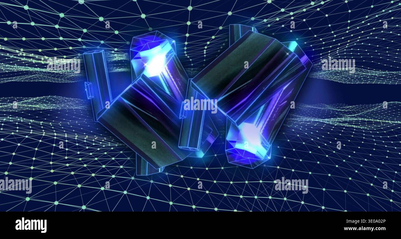 Floating two faceted prisms casting glowing core light over wire mesh in cyberspace, neon accents Stock Photo
