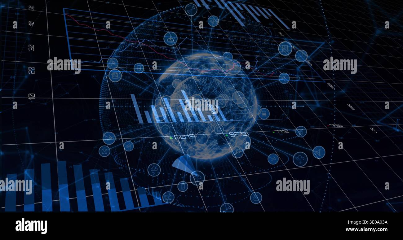 Displaying holographic globe projecting data over 3D grid with axis ticks, node links, bars Stock Photo