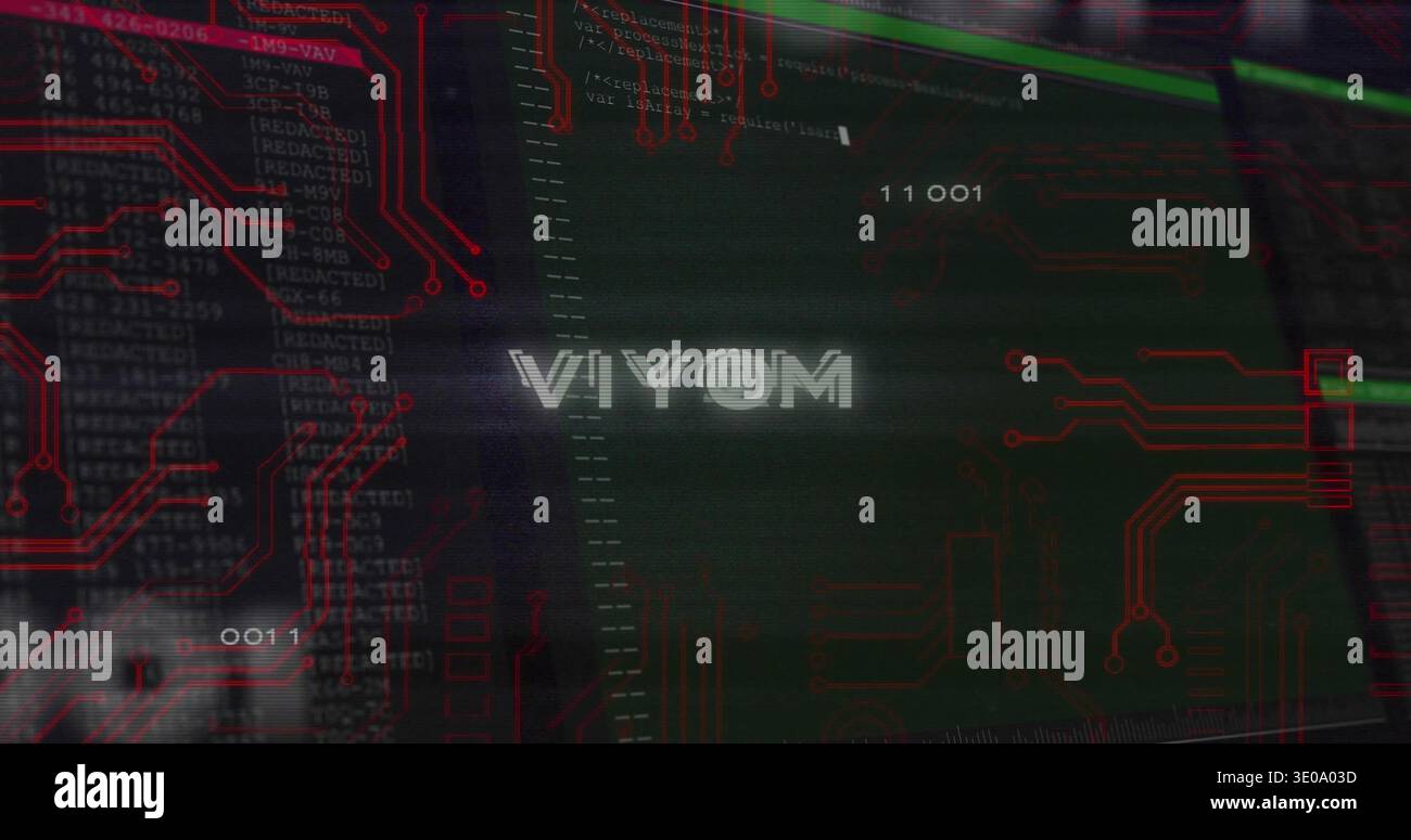 Displaying central dark green panel glitching on electronics console, showing VIYOM logo, PCB code Stock Photo