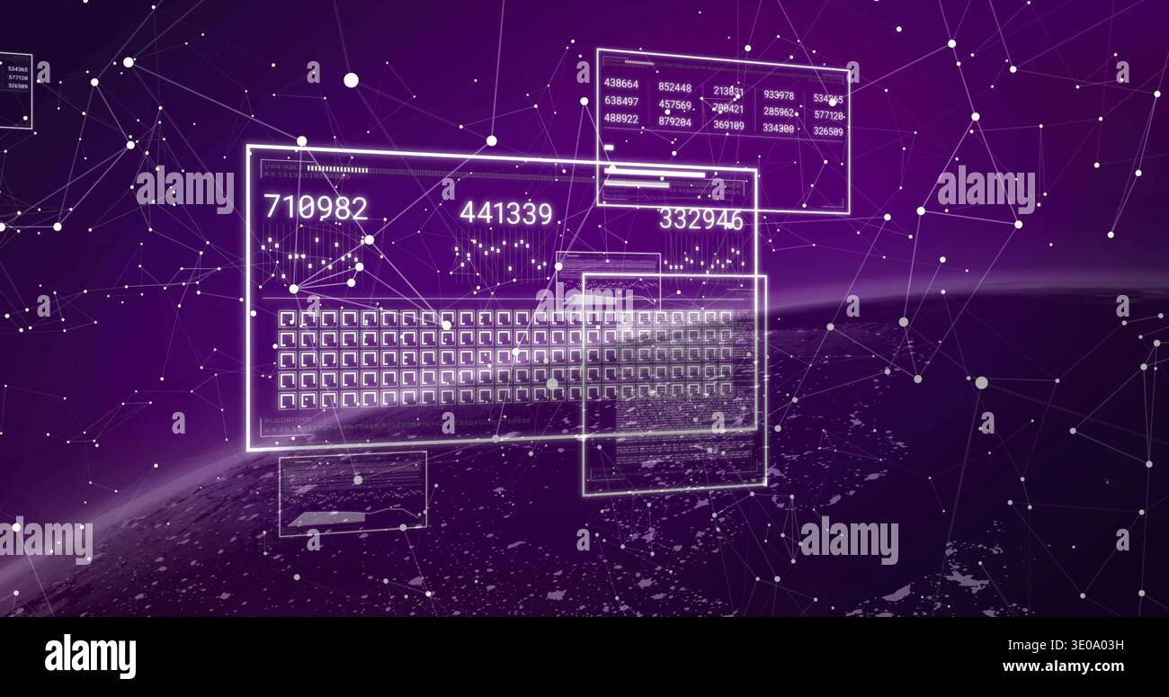 Displaying floating translucent UI panels and virtual keyboard orbiting planet, with node network Stock Photo