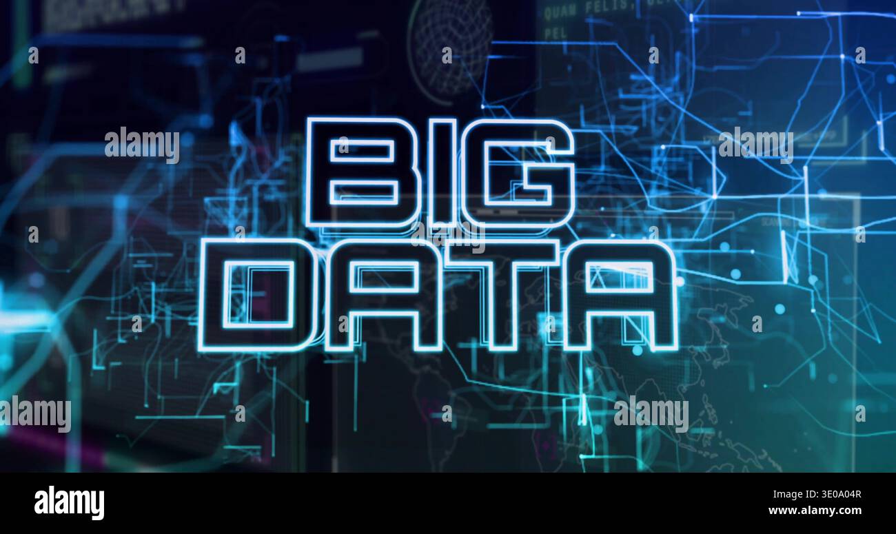 Displaying neon BIG DATA text glowing center in virtual HUD, with circuits and map contours Stock Photo