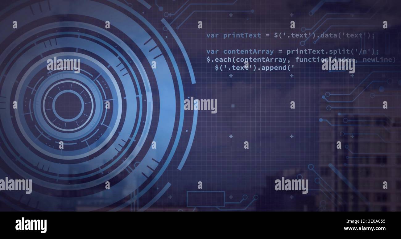 Displaying blue HUD graphic overlaying left skyline, with grid, white code, circuits, copy space Stock Photo